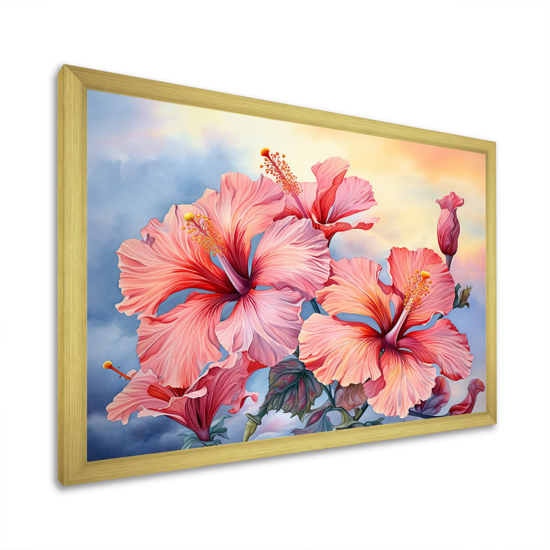 Hibiscus corail sur la plage II - reproduction sur toile, Cadre doré simple, H 12 po x l 20 po x P 1 po