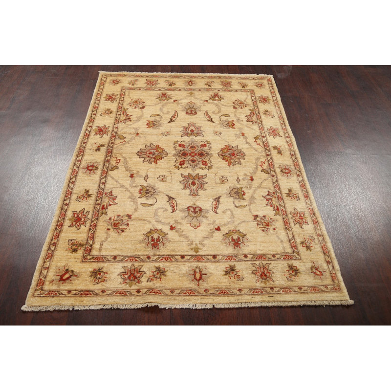 Tapis beige / rouge en laine noué à la main de conception unique 4 pi 4 po x 5 pi 9 po New Age