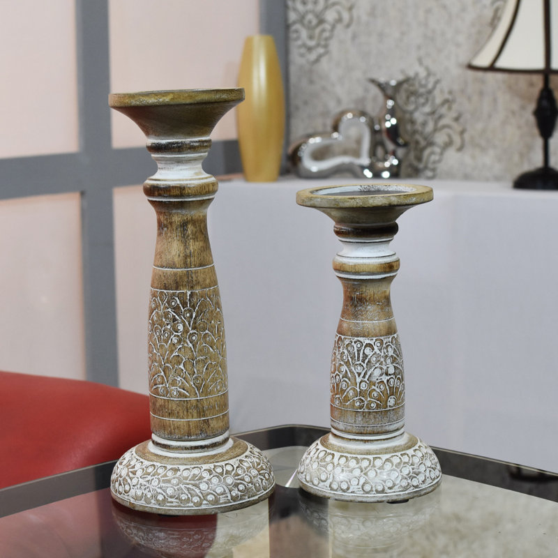 2 Piece Wood Tabletop Candlestick Set, White, 2