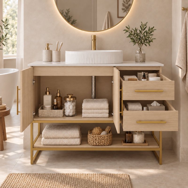 Meuble-lavabo moderne 36 po avec lavabo-vasque en céramique et 2 tiroirs en acier inoxydable, Chêne blanc Américain