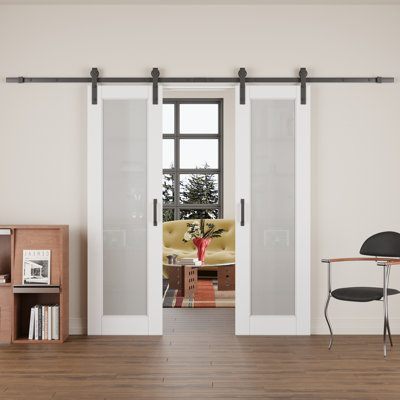 Frosted Glass and Manufactured Wood White Double Sliding Barn Door with Installation Hardware Kit(No Assembly Required)