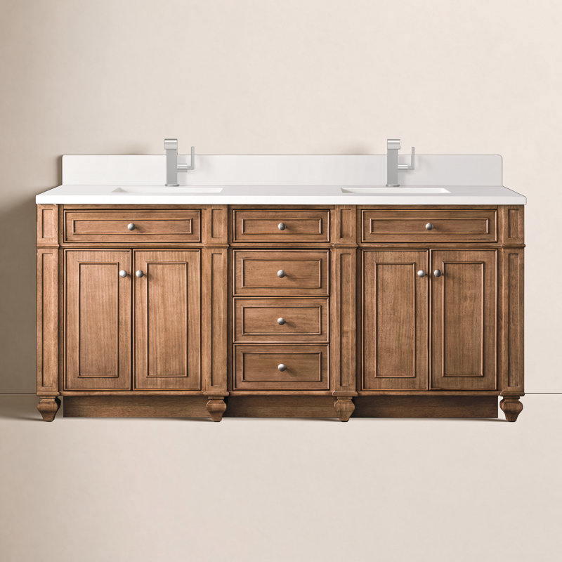 Meuble-lavabo double l 72 po Bristol, Blanc de Carrare, Brun selle, 8 po
