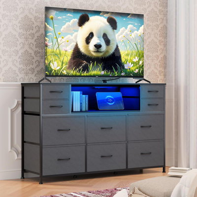 10 Drawer Fabric Dresser, TV Stand with RGB LED Lights & Power Outlet for 45"-55" TV