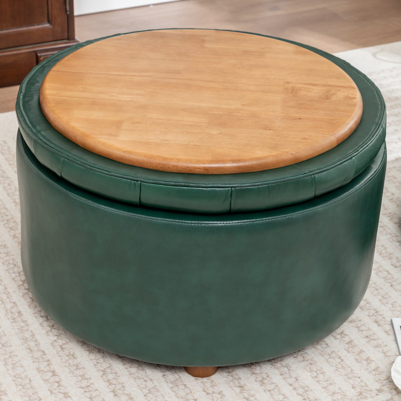 27.5‘’ Wide Genuine Leather Storage Ottoman With Two Floor Cushion, Green