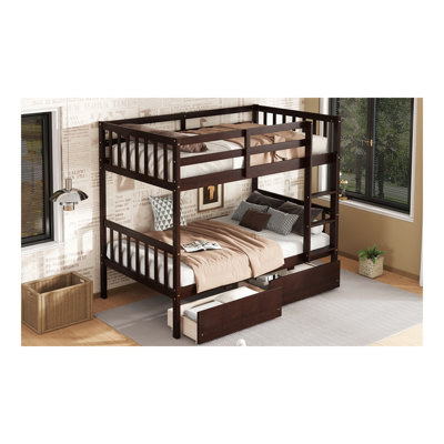 Lit superposé simple en bois d'hévéa avec 2 tiroirs, convertible en 2 lits simples, lit superposé simple avec échelle et garde-corps de sécurité, espresso