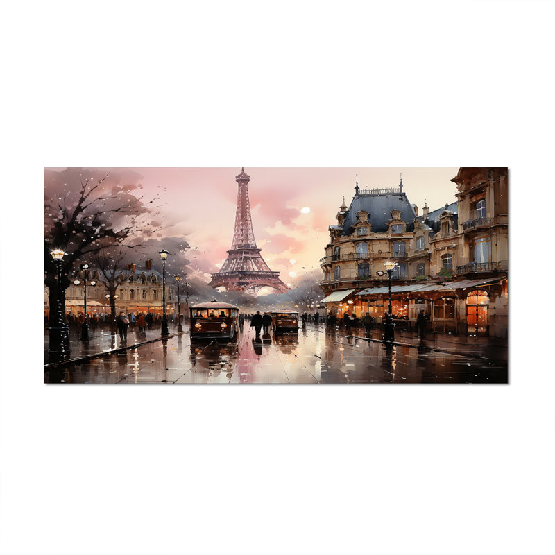 «Pink Twilight Rendezvous In Paris I», art mural de Paris pour le salon, H 28 po x l 60 po, Wrapped Canvas, Toile tendue