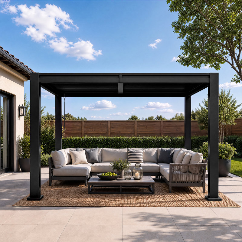 Pergola extérieure de 3,66 m x 3,05 m avec toit à lames orientables et drainage intégré, pergola métallique robuste à lames orientables pour patios