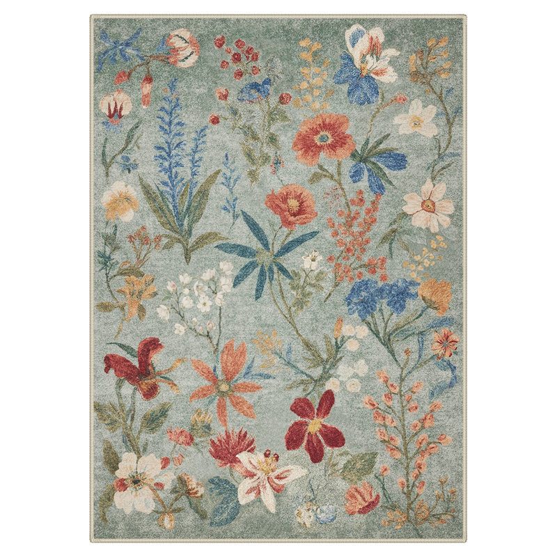 Abbey Botanical Heritage Machin Washable Area Rug - 22th-Century English Garden Inspired Faux Wool - High-Rebound Foam & Non-Slip Backing