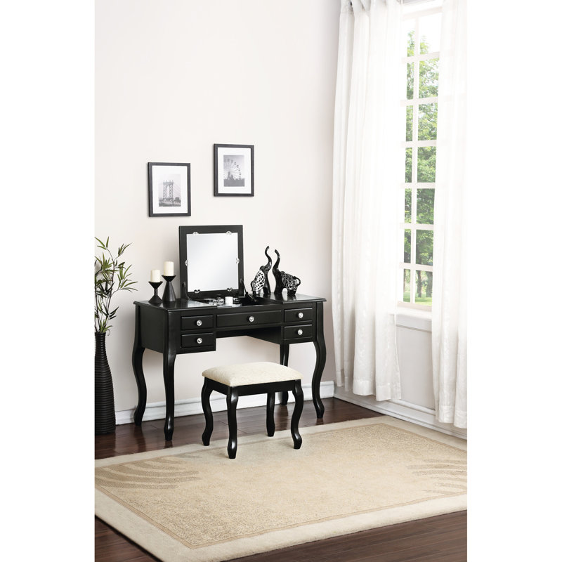 Meuble-lavabo contemporain, noir, rangement, panneau rabattable, peuplier, élégant tabouret, miroir ouvert, style