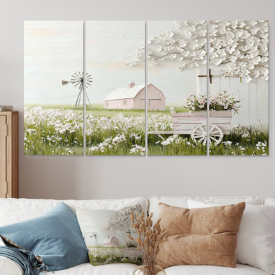 Paysage de ferme dans des tons de rose et de vert III - ensemble d'art sur toile