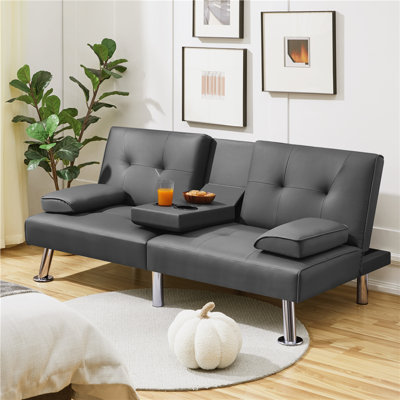 Janni Faux Leather Cushion Back Convertible Sofa with Cup Holder