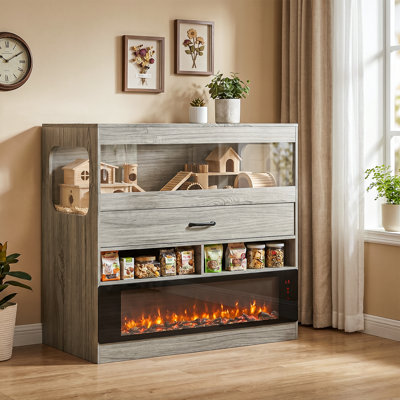36.02" Hamster Cage With Open Storage Space, small Animal Cage with 36" Decorative Electric Fireplace,easy View Acrylic Panel，large Habitat For Guinea Pig,hedgehog,rat ,rabbit, Grey