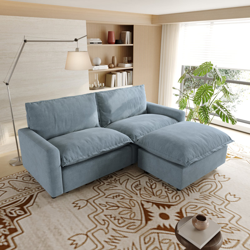 Canapé modulaire rembourré 3 pièces en tissu de lin avec repose-pieds pour petits espaces 3 pièces, Bleu