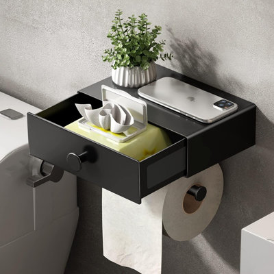Black Toilet Paper Holder With Shelf – Wall-Mount Bathroom Dispenser With Storage Drawer For Flushable Wipes And Toilet Tissue