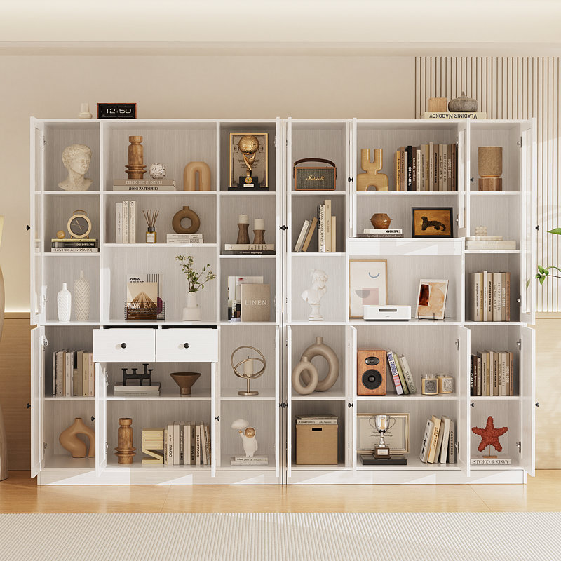 70.9" H x 94" W White Standard Bookcase with 2 drawers, 5-Tier open Bookcase and Bookshelf