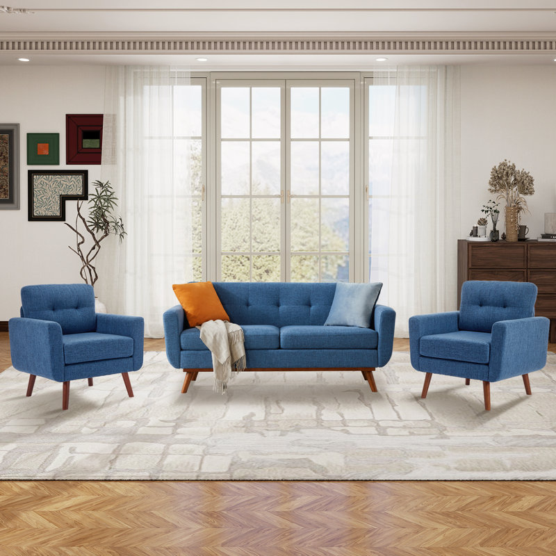 Ensemble de canapé-lit 65 po avec 2 fauteuils d'appoint rembourrés et capitonnés, Bleu