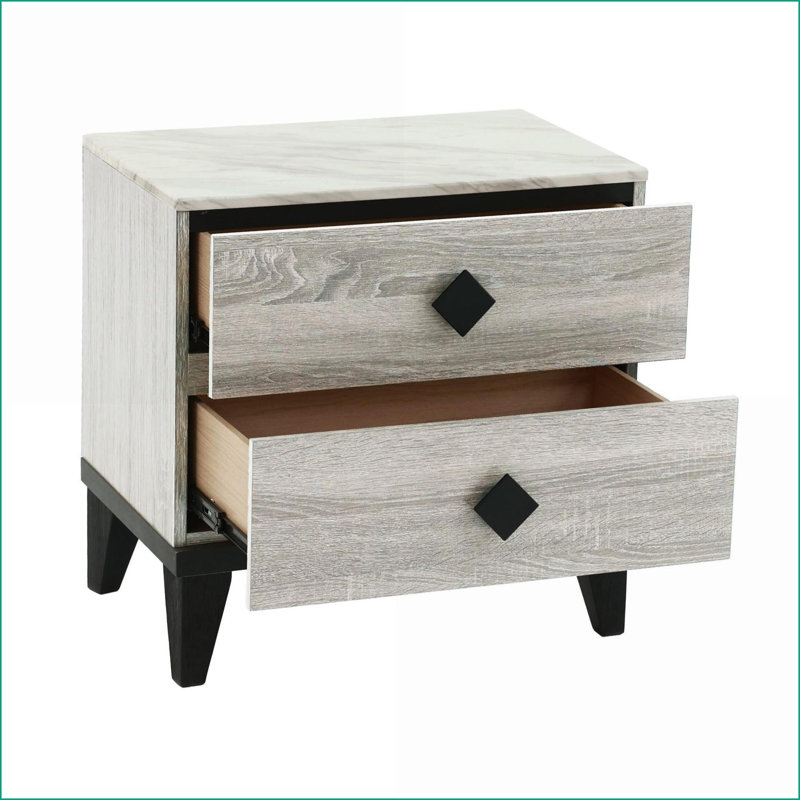 Cream Oak Rustic Nightstand with Faux Marble Top