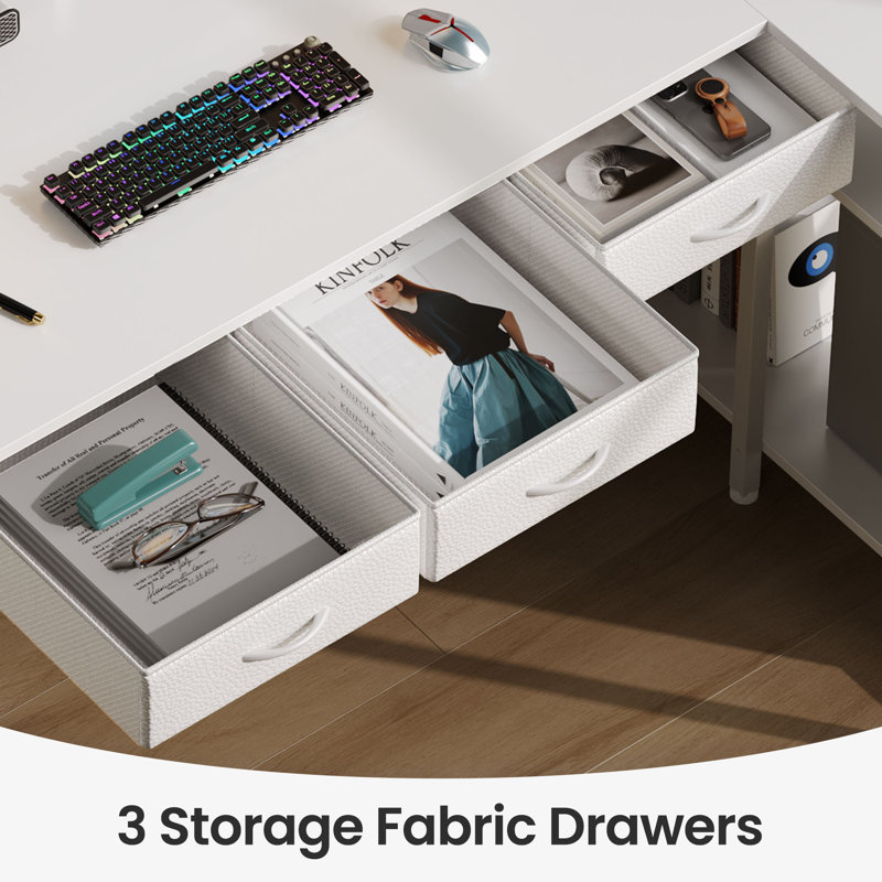 L Shaped Desk with File Drawer and Monitor Stand, Home Office Desk with Power Outlets & LED Lights, White