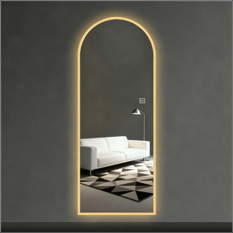 LED Full Length Wall Mirror, Symmetrical Arch Design With Frosted Glass Border, Dimmable Temperature Lighting, Copper-Free Glass, Hardwired Or Plug-In