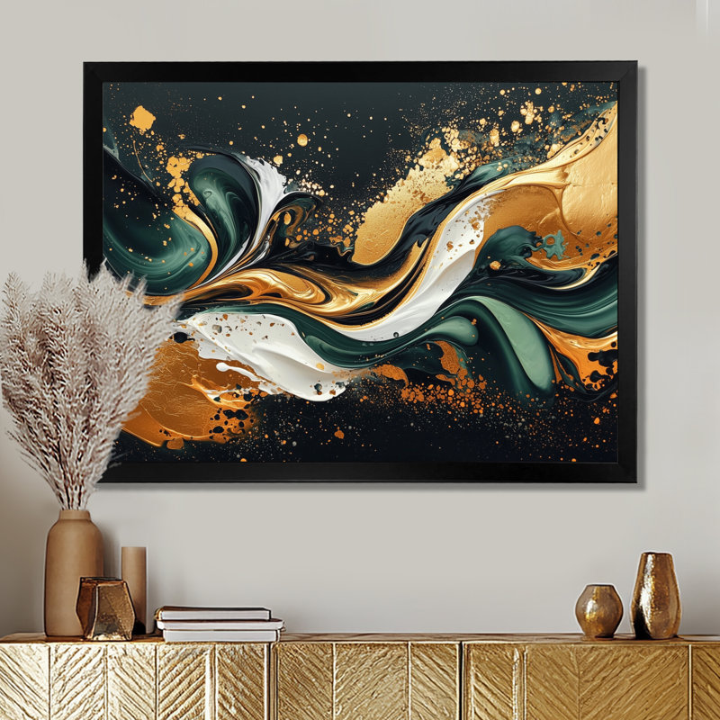 «Gold Green Temporal Fluidité II», art mural abstrait à encre liquide, H 12 po x l 20 po, Cadre de photo unique, Noir