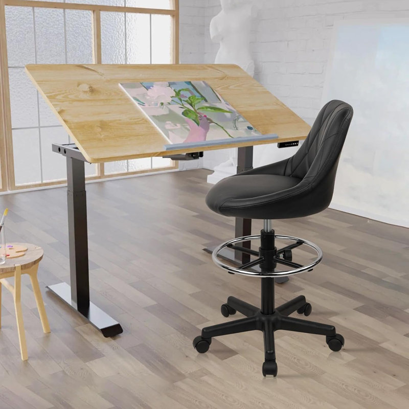  Chaise de dessinateur réglable avec dossier et roulettes, tabouret pivotant haut avec repose-pieds réglable en hauteur, chaise de bureau ergonomique en similicuir pour bar, noir