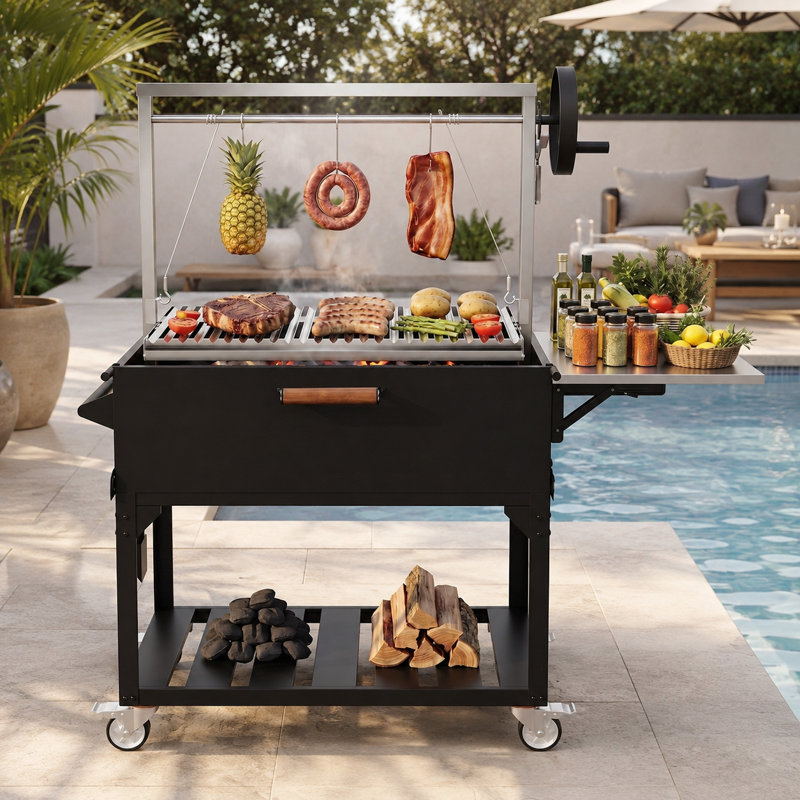 58.3" Argentine Santa Maria Freestanding Charcoal & Wood Fired BBQ Grill with Adjustable V-Grate and Side Table