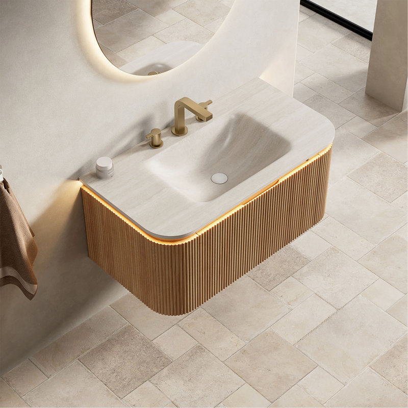 Meuble-lavabo DIEN 30 po avec lavabo intégré, bords incurvés, tiroir, éclairage à détecteur de mouvement, lavabo intégré en pierre frittée à motif de travertin, préassemblé