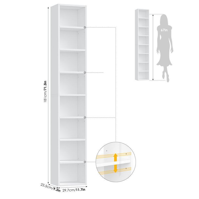 Space-saving Bookshelf Set, 8-tier Narrow, 3-pack, Adjustable Shelves, White