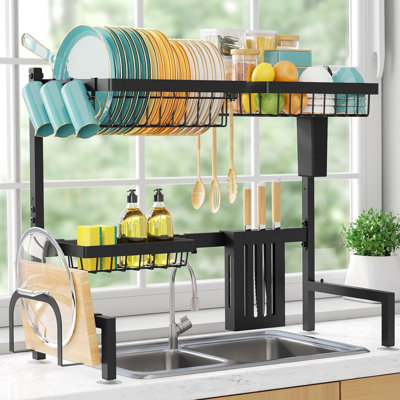 Over The Sink Dish Drying Rack - Adjustable 2 Tier Large Capacity Stainless Steel Drainer