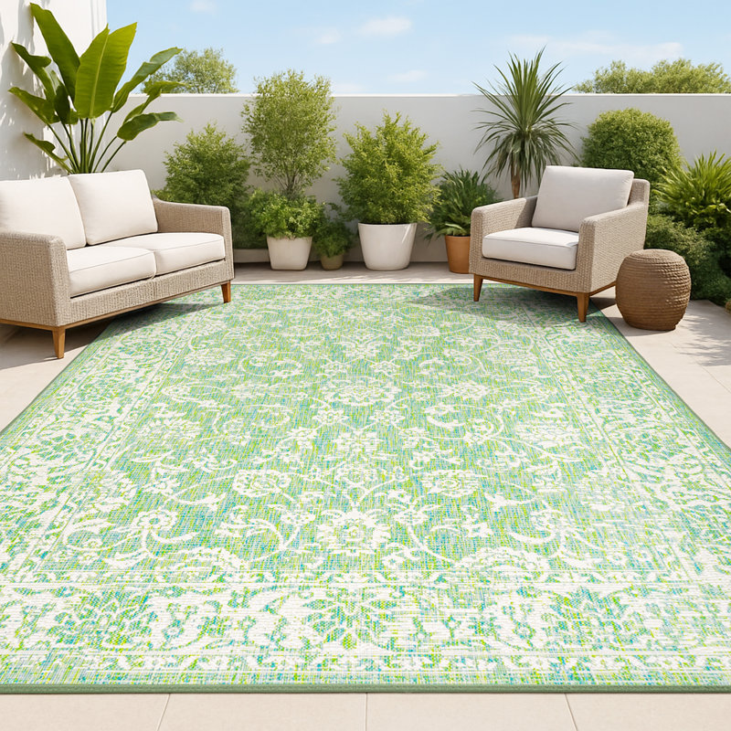 Tapis d'intérieur / extérieur crème / vert Delcine, Rectangle 7 pi 9 po x 10 pi