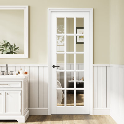 30" x 80" Clear Glass French Door Slab, 15-Lite Clear Glass Interior Door, White Finished & Paintable, Door Panel w/o Borehole or Hinges, as Barn Door or Prehung Door or Pocket Door or French Door Slab for Pantry Door, Laundry Door, Bedroom Door