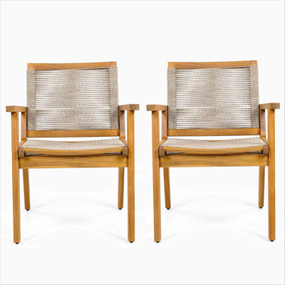 Outdoor Dining Chairs Set Of 2, Teak Finish Wood Frame And Mix Brown Rope, Natural Courtyard Style, 400Lbs Capacity