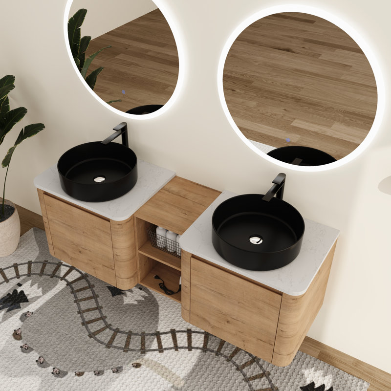 Greythor 60'' Wall-Mounted Double Bathroom Vanity With Ceramic Sink & Storage Shelves,60'' Double Bathroom Vanity Set With Engineered Stone Top