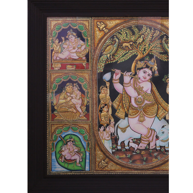 Lord Krishna avec Yashodya Maya et Wifes Tanjore, peinture avec cadre
