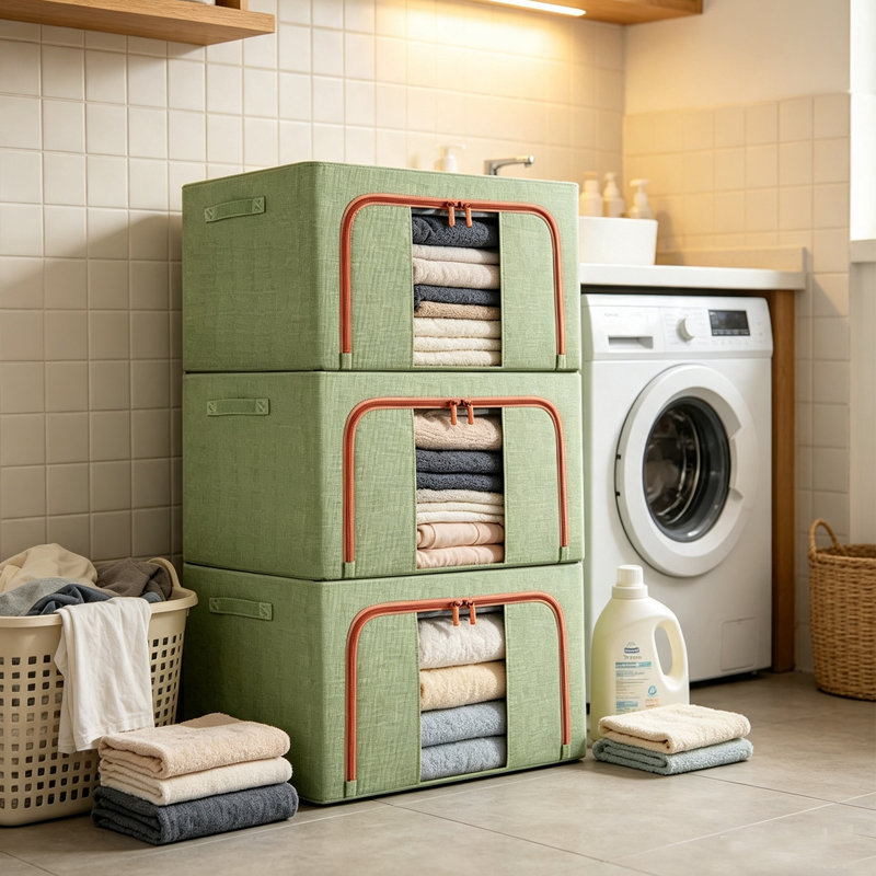 Ensemble de 3 bacs de rangement empilables de 100 L avec poignées et fermeture à glissière, structure métallique, boîte de rangement pliable avec couvercle pour linge de lit, couvertures et serviettes.