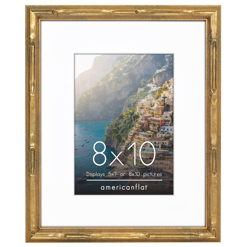 Picture Frame with Mat - Gold Frame - Faux Bamboo Design - Easel Stand and Shatter Resistant Glass, 8" W x 10" H