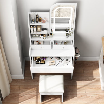 Vanity Desk with Mirror and Lights for Makeup with hair dryer holder and Chair by Latitude Run