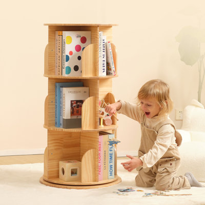 Solid Wood Textured Rotating Bookshelf, Sturdy Structure And Large Capacity Bookcase