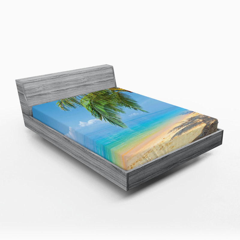 Ambesonne Landscape Fitted Sheet 2-Pack Tropic Botanic Image Sky Blue Cream, King Fitted Sheet