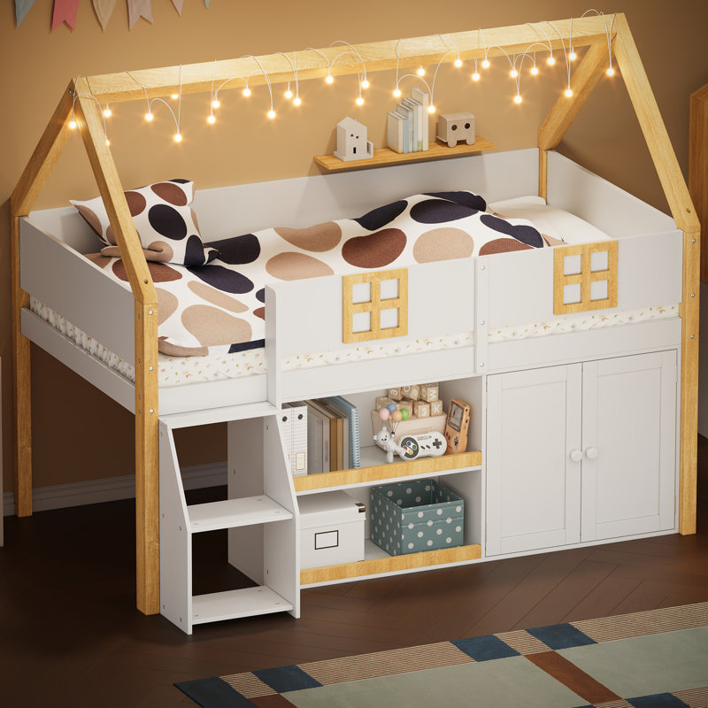  Full Low Loft Bed with LED Lights, Storage Staircase and Cabinets, White and Natural, Full