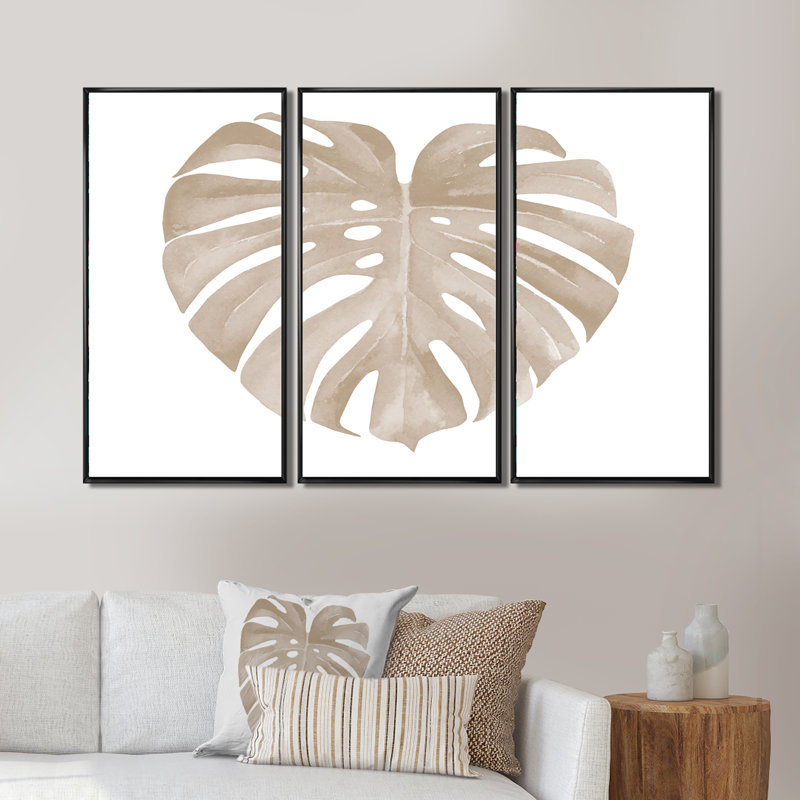 Ivoire pastel Monstera en forme de feuille tropicale en forme de cœur - 3 pièces, reproduction sur cadre flottant sur toile