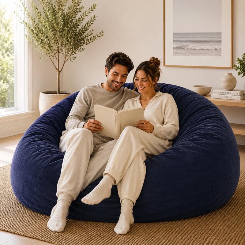 Fauteuil à billes, méridienne surdimensionnée et confortable, suède, Fausse fourrure bleu marine, H 28 po x l 24 po x P 24 po