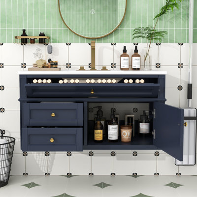 Meuble-lavabo mural moderne avec lavabo en céramique, portes à fermeture douce et grand espace de rangement
