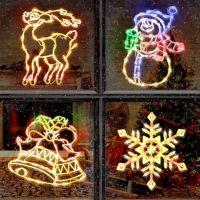 Décoration de Noël pour fenêtre, ensemble de 4 flocons de neige illuminés, bonhomme de neige, cloche et cerf pour les fêtes