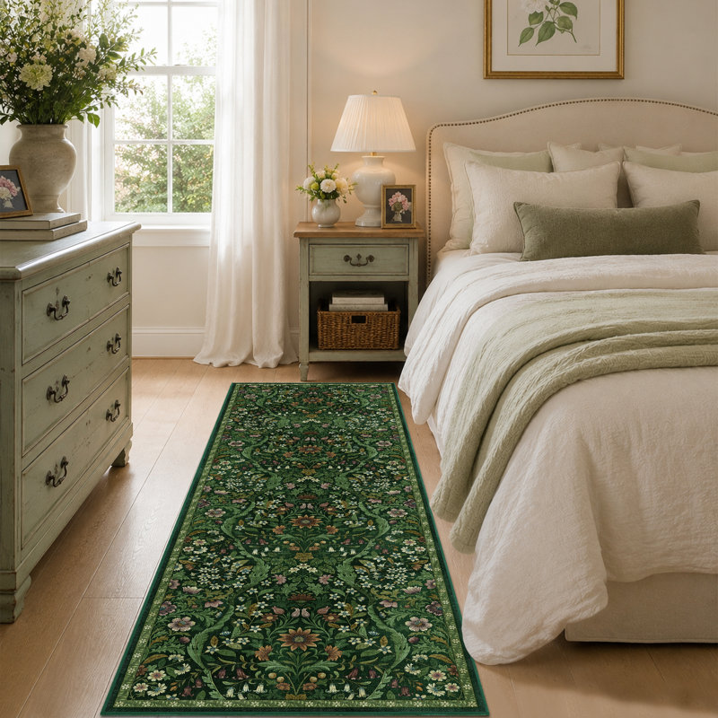Washable Area Rug - Vintage Boho Botanical Low-Pile Rug, Dark Green, Runner 3' x 7'