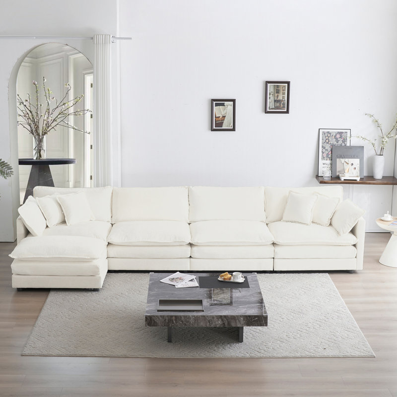 Canapé modulaire en U 5 places: chenille blanche, et élégante pour le confort, avec chenille fine