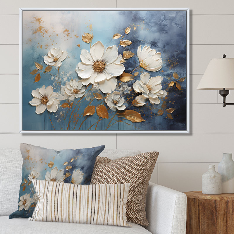 Golden Blue and White Floral Canvas Print with Floating Frame