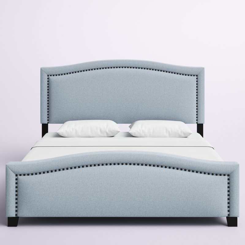 Lit Amondo, revêtement en tissu, garniture cloutée, Grand, Bleu