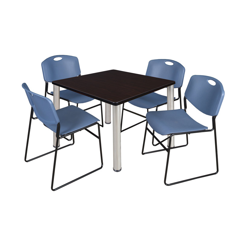 Kee Square Breakroom Table Top, 4 Zeng Stack Chairs, 29" H x 36" W x 36" D, Chrome, Cherry