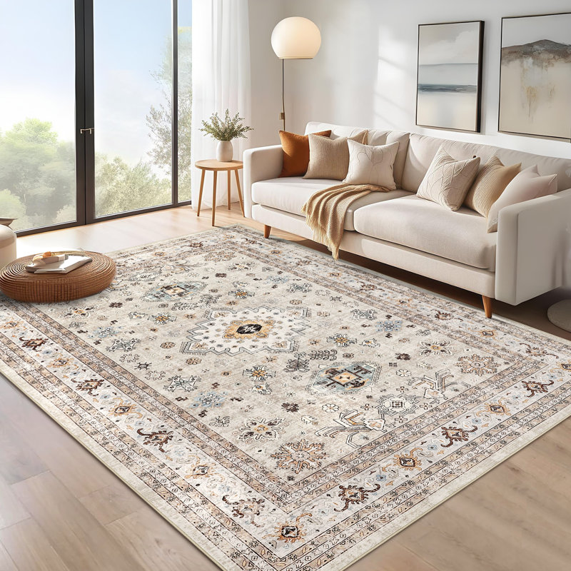 10 x 13 ft Polyester  Beige Rectangular Area Rug Flower Printed Persian Foldable Washable for Hallway Bathroom Entryway Kitchen Office